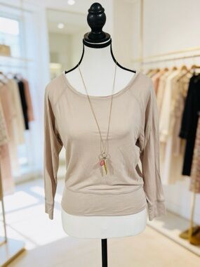 Moda International Light Beige Scoop-Neck Long Sleeve Top - XS